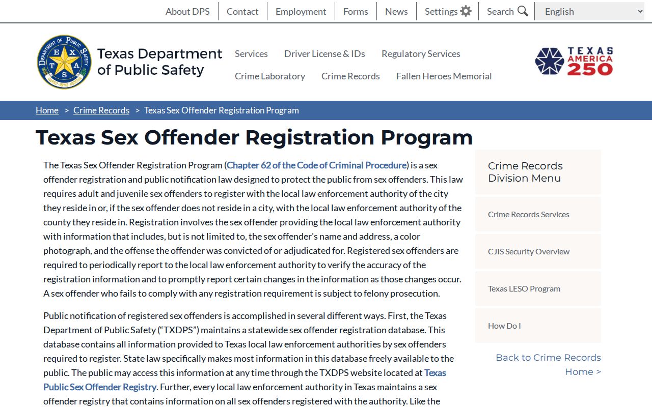 Texas DPS program information for Marion County sex offender registration